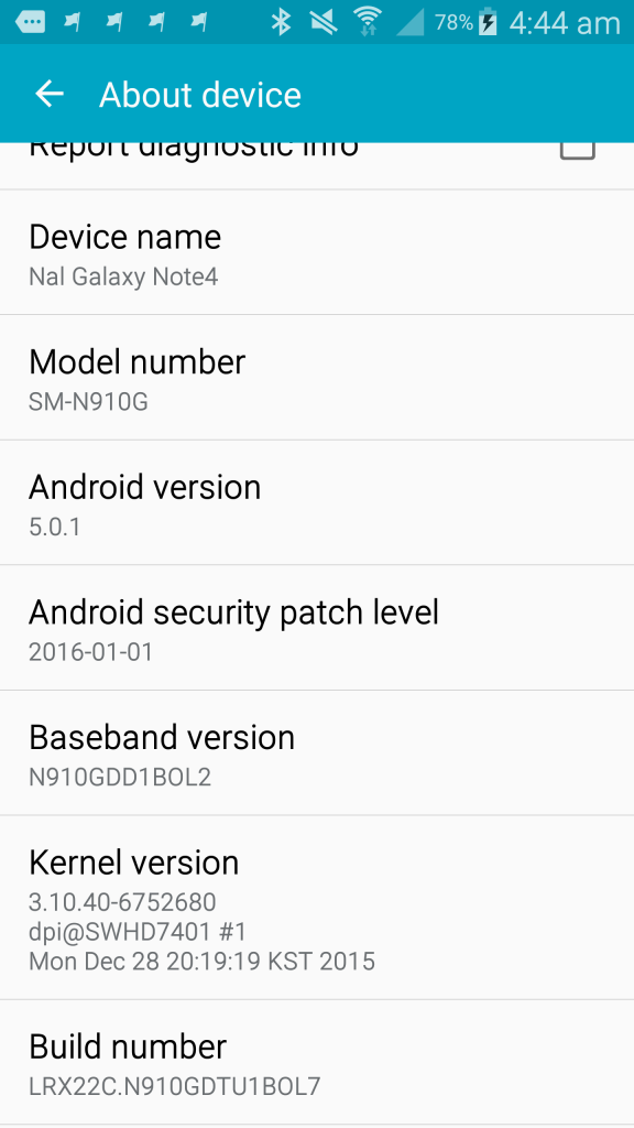 Android version on Galaxy Note-4 - SM910G
