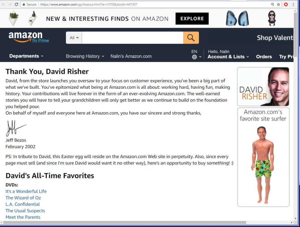 At the bottom of Amazon.com’s store directory, a perpetual Easter egg link leads to a tribute to David written by Jeff Bezos.